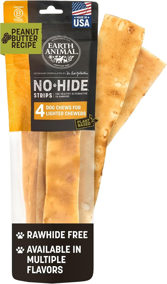 Earth Animal No Hide Strips Peanut Butter Flavored Vegetarian Natural Treats | No Rawhide | Quick & Thin Dog Chews - 4 Count