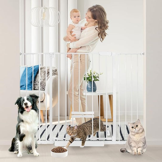 30 Inch Tall Baby Gate with Small Cat Door, Adjustable Auto Close Dog Gate Easy Walk Thru Pet Door for Stairs, Doorway, House (White, 29.52"-49.21")