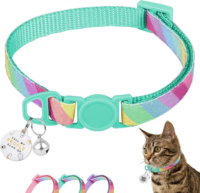 Cat Collar Breakaway with QR Code Name Tag, Glitter Kitten Collars with Bell, Cat Tags Personalized, Ultra-Durable, Comfortable, Quick Release, Fits Most Girl Boy Cats and Puppies (8"-13.5")