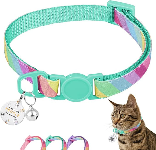 Cat Collar Breakaway with QR Code Name Tag, Glitter Kitten Collars with Bell, Cat Tags Personalized, Ultra-Durable, Comfortable, Quick Release, Fits Most Girl Boy Cats and Puppies (8"-13.5")