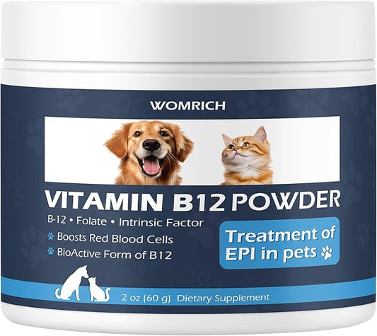 Appetite Stimulant Vitamin B12 Powder for Cats&Dogs Methylcobalamin Supplement with Folate and Intrinsic Factor, Treatment of EPI in Pets, Supports Energy, Red Blood Cell Formation, Nervous System 60g
