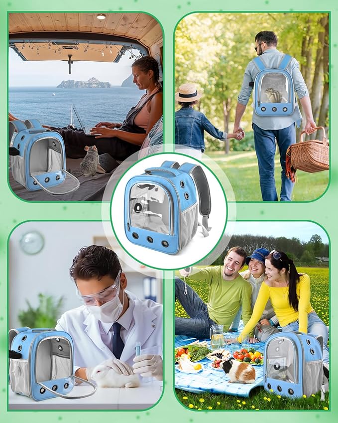 Guinea Pig Carrier Backpack, Portable Rabbit Travel Carring Bag for Pet Bunny Chinchilla Bearded Dragon Hamster Parrot Outgoing Pouch Case with Water Bottle Holder & Detachable Pad (Blue)