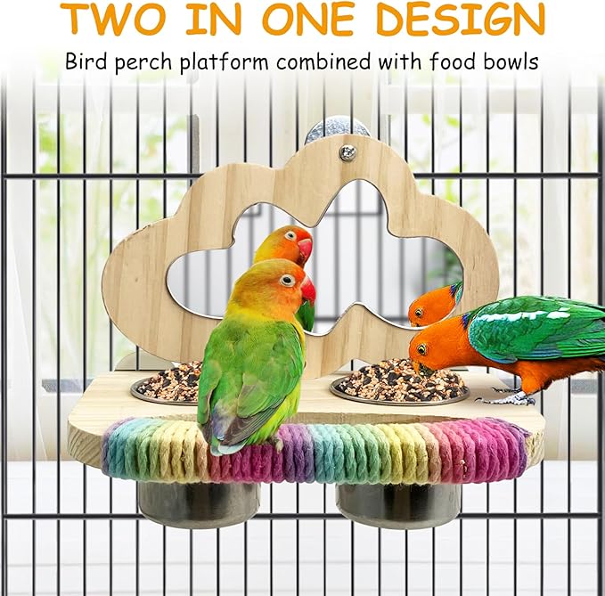 Tfwadmx Bird Parrot Wooden Feeding Cups Small Bird Feeding Dish Cups Stainless Steel Birds Bowls Food Water Bowls with Food Holder for Lovebirds Parakeet Macaw Finches