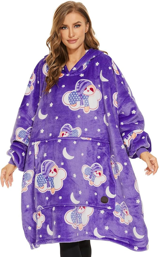 THREE POODLE Wearable Blanket Hoodie for Women, Oversized Sherpa Sweatshirt Blanket for Adults Men, Cozy Hooded Blankets, Glow in the Dark, Gifts for Teen Girls Women Mom Sister