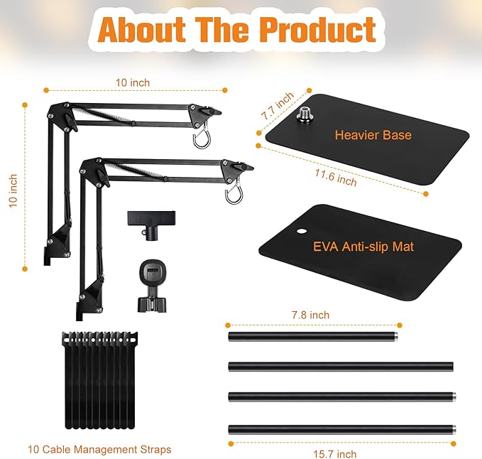 Dual Reptile Lamp Stand Reptile Light Stand with Two Flexible Brackets, Height Adjustable (15.7 inch to 74.3 inch) for Hanging Heat Lamp Holder and Light Fixture