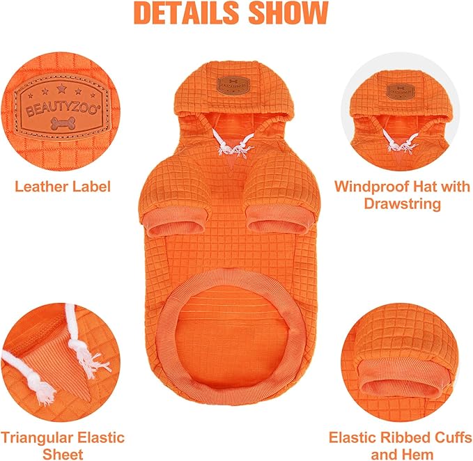 BEAUTYZOO Small Dog Hoodie Sweater with Pockets, Dog Clothes for Small Medium Dogs Boy Girl, Waffle-Like Laminated Cotton Pet Coats with Hat and Leash Hole, Orange S