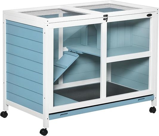 PawHut Rabbit Hutch with Wheels, Desk and Side Table Sized, Wooden Rabbit Cage, Waterproof Small Bunny Cage with Removable Tray, Openable Roof, for Indoor & Outdoor, Light Blue
