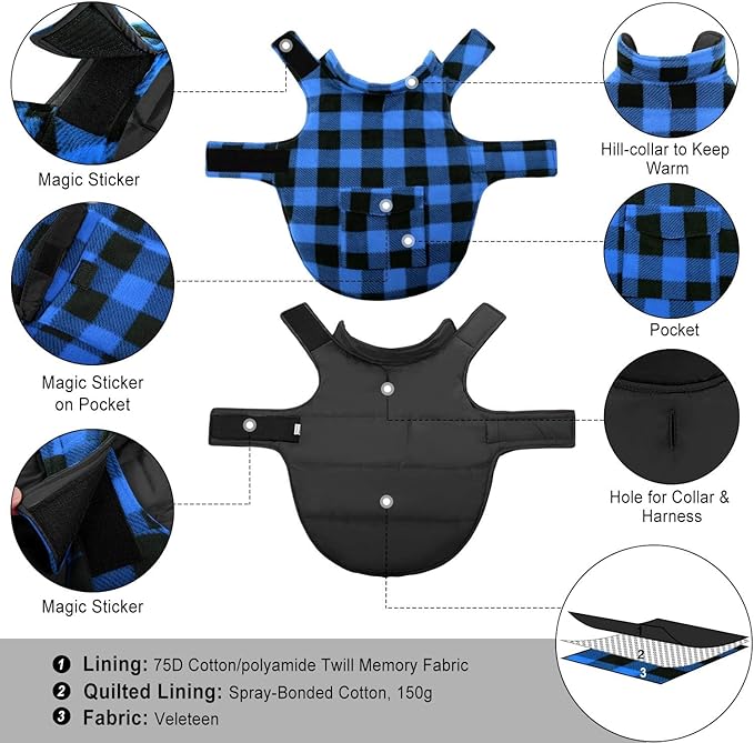 ASENKU Dog Winter Coat, Fleece Doggie Jacket Plaid Reversible Vest Waterproof Windproof Cold Weather Clothes for Small Medium Large Dogs (L, Blue)