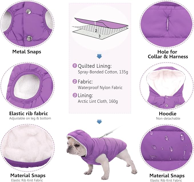 Fleece Hoodie for Dogs - Windproof Waterproof Coat, Winter Warm Jacket, Cold Weather Pet Apparel Clothes Vest for Small Medium Dogs (XS, Purple)