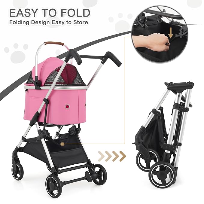 MoNiBloom Pet Stroller for Small/Medium Dogs w/Detachable Carrier & Lightweight Aluminum Frame, Folding Jogging Travel Stroller, Pink