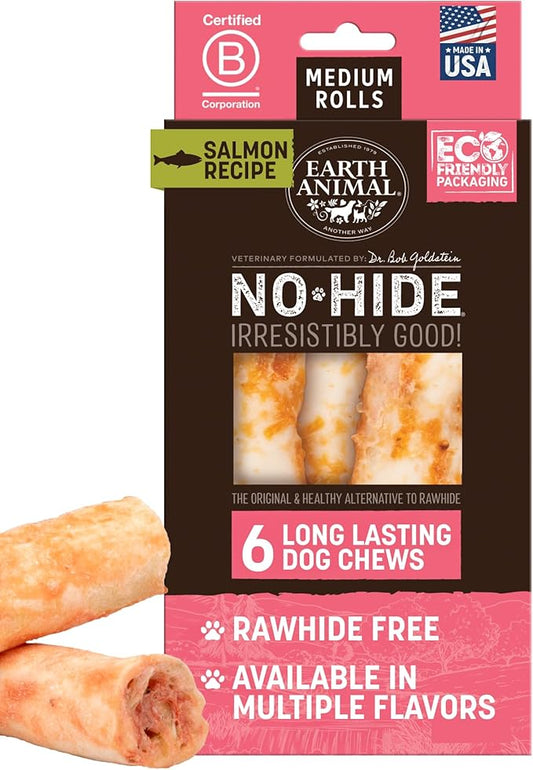 Earth Animal No Hide Medium Salmon Flavored Natural Rawhide Free Dog Chews Long Lasting Chew Sticks | Treats for Large Dogs | Great for Aggressive Chewers - 6 Count