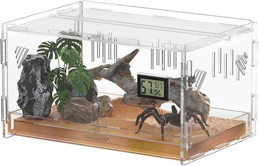 Reptile Terrariums with Temperature Hygrometer, 15.7"x9.9"x7.1" Acrylic Breeding Box Terrarium Cage Tank for Small Reptiles, Insects, Home Office (Terrestrial)