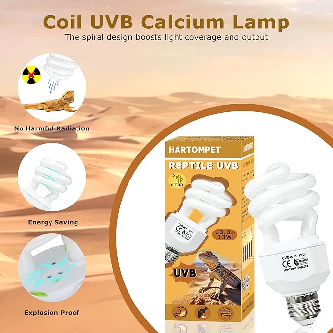 UVB 10.0 Reptile Light 13W, Compact Fluorescent Desert Lamp, High-Output Coil UVB Bulbs for Terrarium Tanks, Suitable for Bearded Dragons, Geckos and Other Desert-Dwelling Reptile