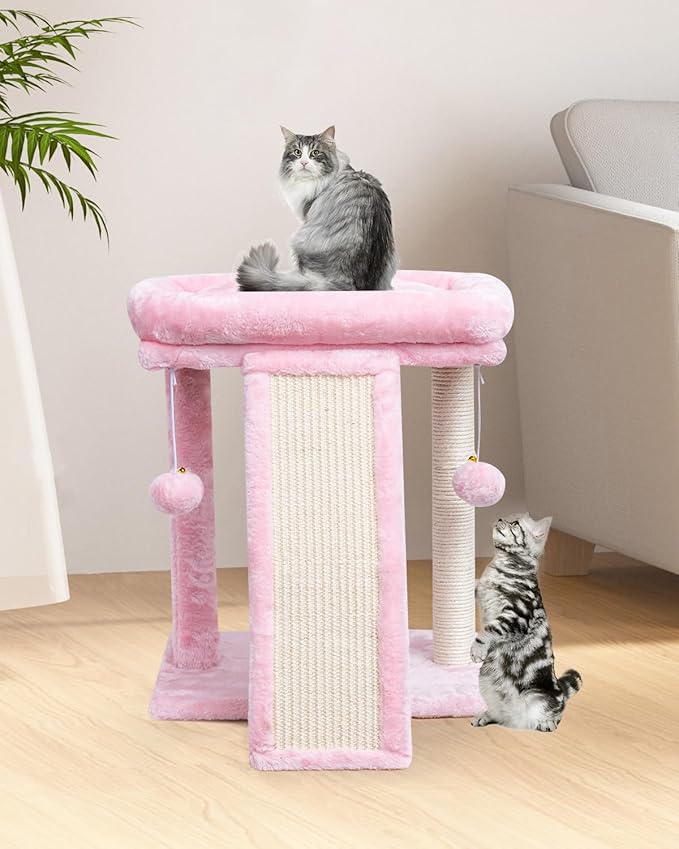 SYANDLVY Small Cat Tree with Scratching Board, Cat Scratching Post for Adults, Cat Scratcher for Indoor Cats, 2 Dangling Balls Great for Kittens