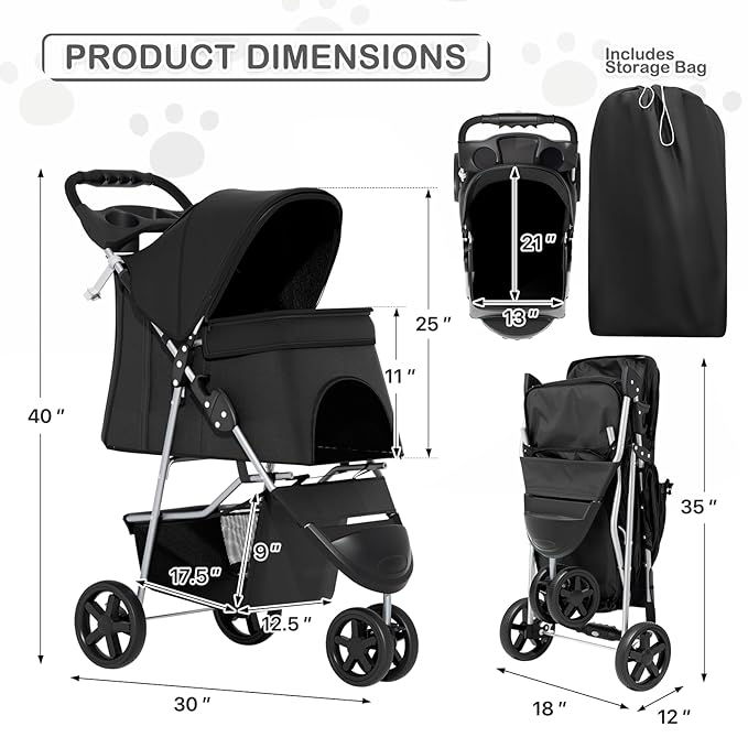MoNiBloom Foldable Pet Stroller with Weather Cover, 3 Wheels Pet Strolling Cart for Small/Medium Dogs and Cats with Storage Basket and Cup Holder, Breathable and Visible Mesh for All-Season, Black