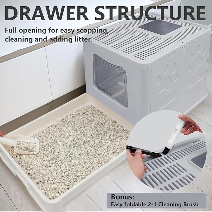 XL Foldable Cat Litter Box with Lid - Jumbo Enclosed Potty - Top Entry Anti-Splashing Toilet - Includes Scoop & 2-in-1 Cleaning Brush (Grey)