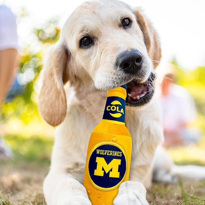 NCAA Michigan Wolverines Beer Bottle Plush Dog & CAT Squeak Toy- Cutest Stadium SODA Bottle Snack Plush Toy for Dogs & Cats with Inner Squeaker & Beautiful Football/Basketball Team Name/Logo