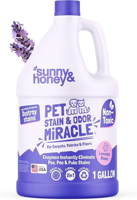 Sunny & Honey Carpet Cleaner & Odor Remover Spray - 128 Fl Oz, Light Lavender Scent - Enzyme Cleaner for Dog Urine & Cat Pee - Pet Stain Remover - Urine Odor Eliminator