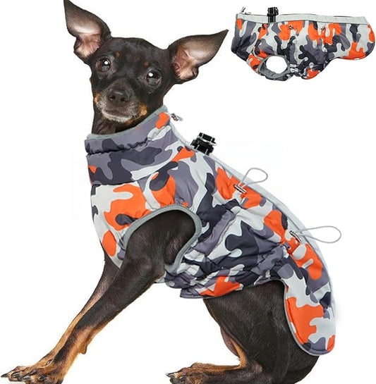 Small Dog Coat Dog Winter Jacket Warm Dog Coat Zip Up Snowsuit Dog Harness Vest Reflective Water-Resistant Dog Coat Dog Snow Jacket for Small Dogs Yorkie, Toy Poodle, Orange-Camouflage