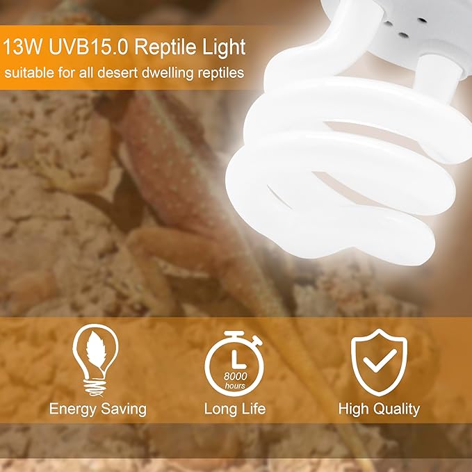 UVB Light Bulb for Reptiles, 13W 15.0 UVA UVB Heat Lamp Bulbs Ideal for Rainforest Reptiles, Bearded Dragons Lizard Turtle Tortoise Iguanas Chameleons Snake (1 Pack)