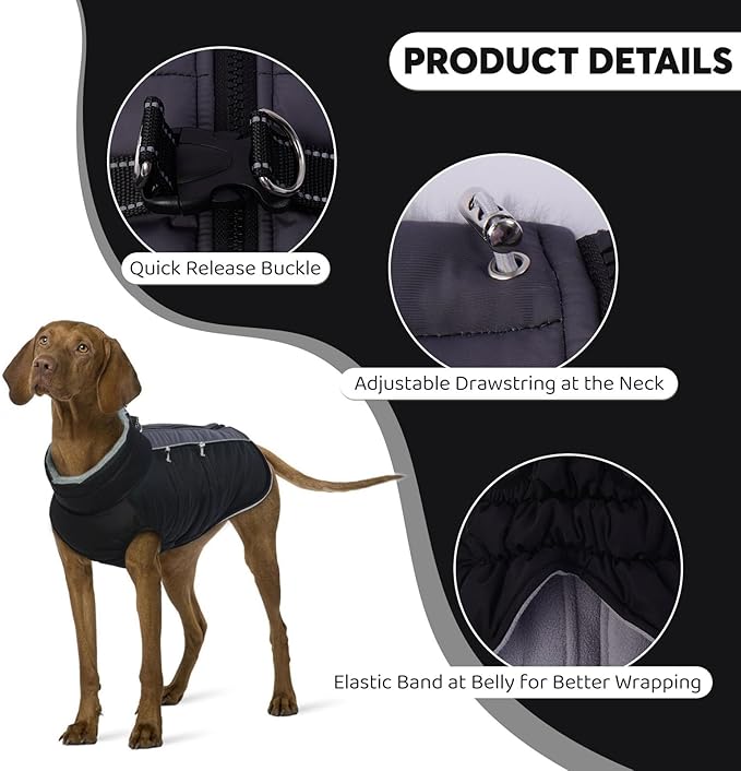 IDOMIK Warm Dog Coat with Harness Built-in, Thick Fleece Dog Winter Jacket with High Collar&Zipper, Waterproof Reflective Dogs Cold Weather Coats for Extra Large Dogs, Pet Snow Jacket Vest(Black,3XL)