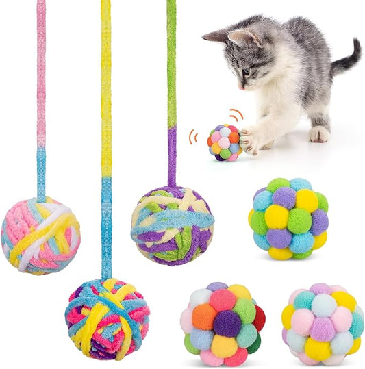 Retro Shaw Cat Toys Balls, 6Pcs Yarn Cat Ball with Bell Inside, Interactive Kitten Toys for Indoor Cats Kitty Chew Playing, Colorful Soft Fuzzy Jingle Kitten Ball with String