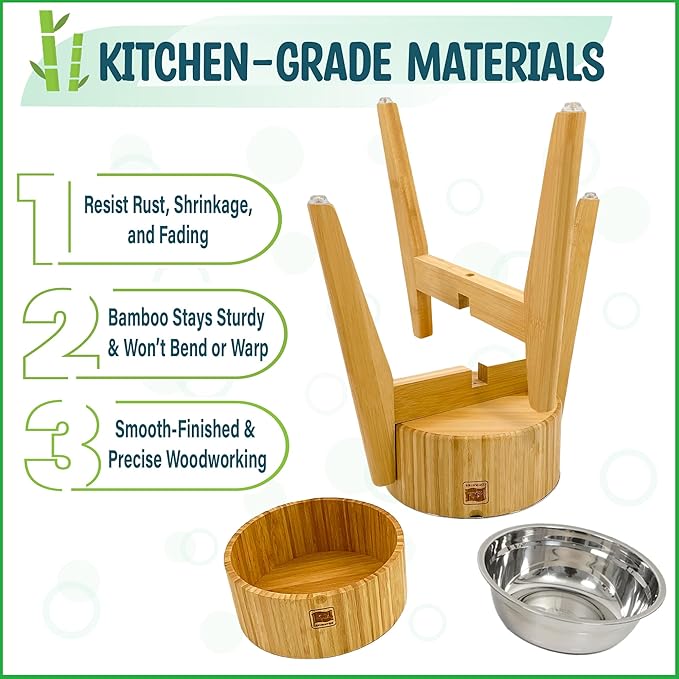 Elevated Dog Bowls Large Breed - (15-Inch, 74-oz Cap) - Raised Single Dog Food Station, Suitable for Dry/Wet Pet Foods, Deter Ants/Bugs - Bamboo with Stainless Dish and Tall Stand