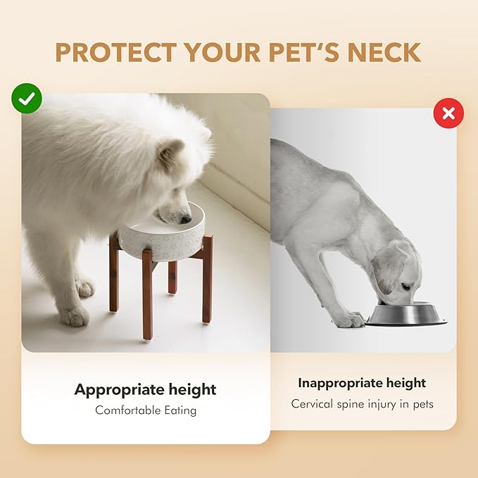 8.2inch Ceramic Raised Dog Bowl Set, Elevated Dog Bowl with Acacia Wood Stand, Food and Water Bowl for Large Breed Dogs, Weighted Pet Dishes(60oz, Arctic White)