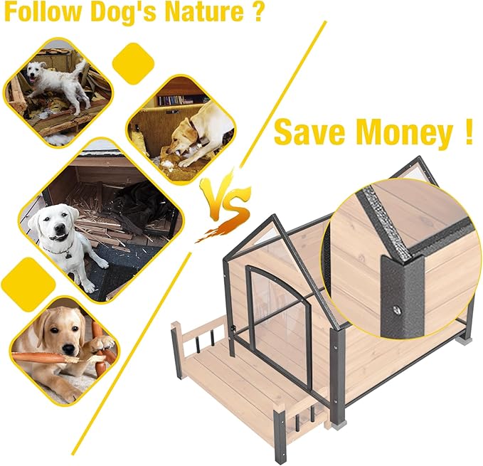 Dog House Outdoor,Dog Kennel Outside for Large Breed,Weatherproof Large Dog Shelter with Anti-Chewing Iron Frame (Brown-N, 45" D x 32.9" W x 32.6" H)