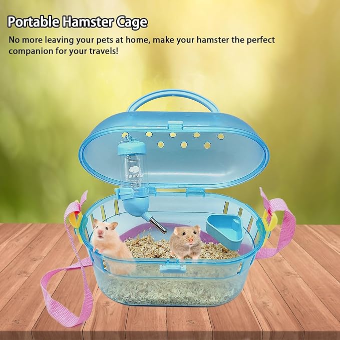 Portable Hamster Cage Syrian Hamster Carry Travel Cage with Water Bottle Food Bowl Adjustable Strap Pet Outgoing Cages for Gerbil Squirrel Guinea Pig Hedgehog Chinchilla