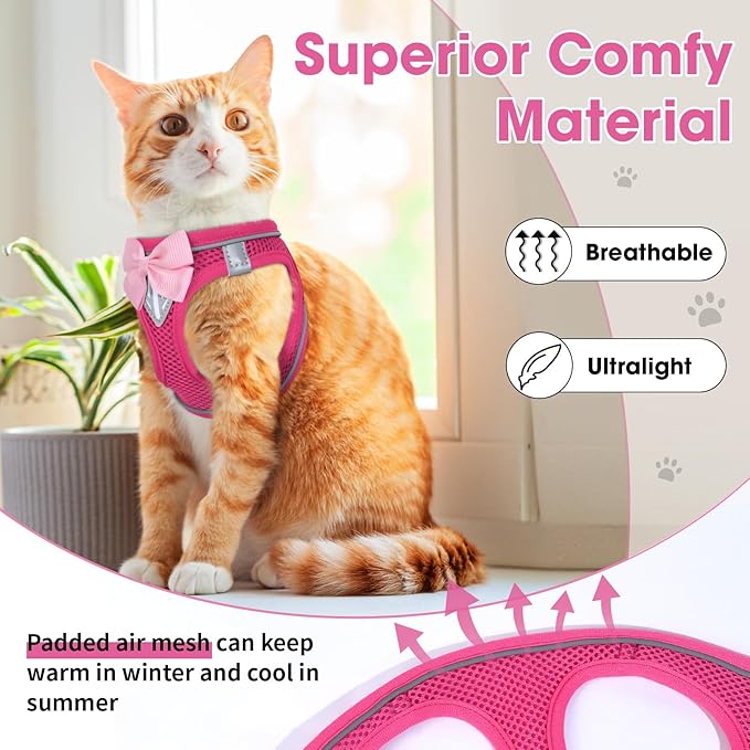 Cat Vest Harness and Leash Set for Walking Escape Proof, Adjustable Kitten Harness Breathable Mesh with Reflective Strips Harness for Kitty Puppy Bunny (Pink,M)