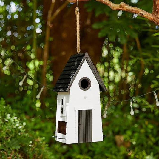 Glitzhome Bird Houses for Outside, Modern Hand Painted Hanging Bird House for Outdoors, 14.25" H Functional and Decorative Wooden Bird Houses Bluebird Birdhouses for Garden,White