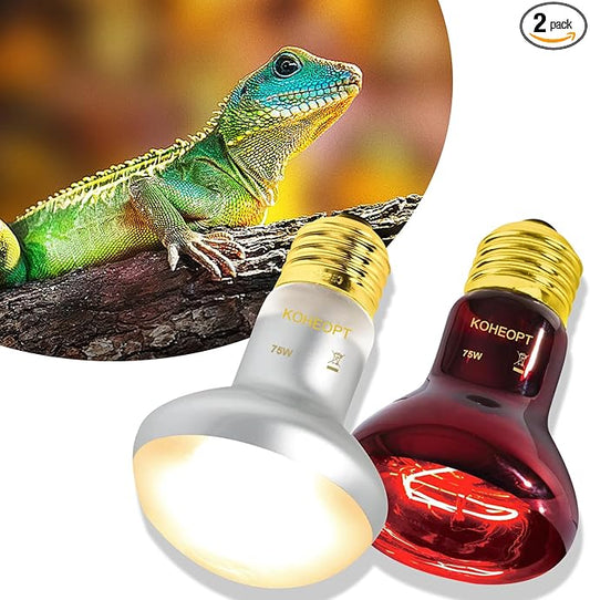 75W Reptile Heat Lamp Bulb 2-Pack,Complete Day & Night Basking Spot Light Combo Including Infrared Heat Lamp and UVA Daylight Basking Lamp for 24-Hour Thermal Regulation
