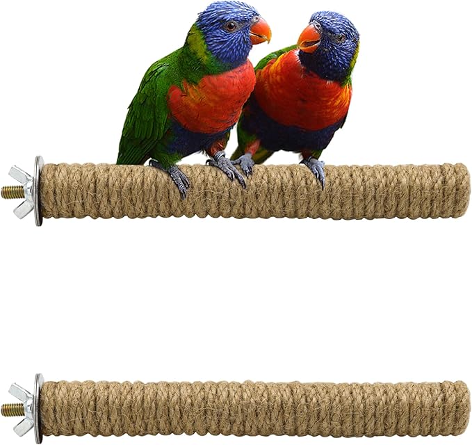 2PCS Bird Perch Parrot Stand Cage Accessories Natural Wooden Stick Paw Grinding Rope-surfaced Chew Toy Standing Rod for Exercise Training Branches (Rope-7x0.9in-2p)