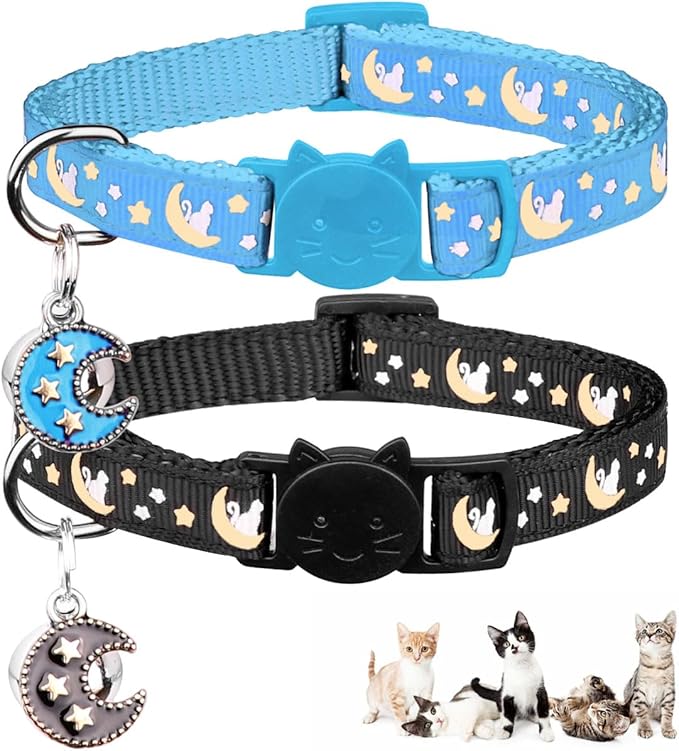 2Pcs Breakaway Cats Collars Cat Collars for Boy Cats Adjustable Kitten Collars with Bell,Black+Light Blue