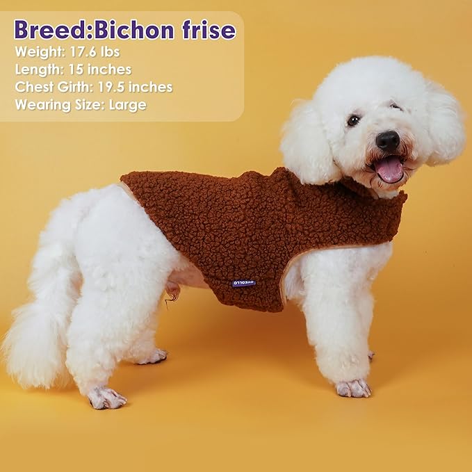 cyeollo Warm Dog Coat Fleece Sherpa Winter Sweater Coats, Turtleneck Dog Jacket Vest for Medium Large Big Dogs with Leash Hole, Soft Reversible Pet Coats for Cold Weather, Brown, XXXL