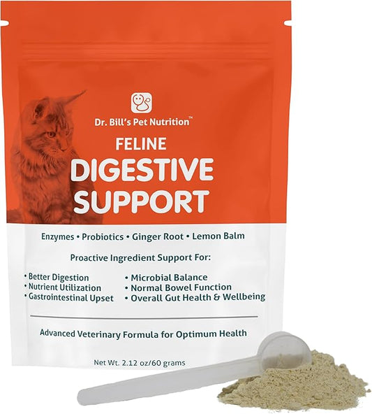 Dr. Bill's Feline Digestive Support Cat Prebiotics and Probiotics with Ginger Root, Psyllium Husk, Lemon Balm & More | 41 Active Ingredients for Better Digestion & Gut Health | Made in The USA