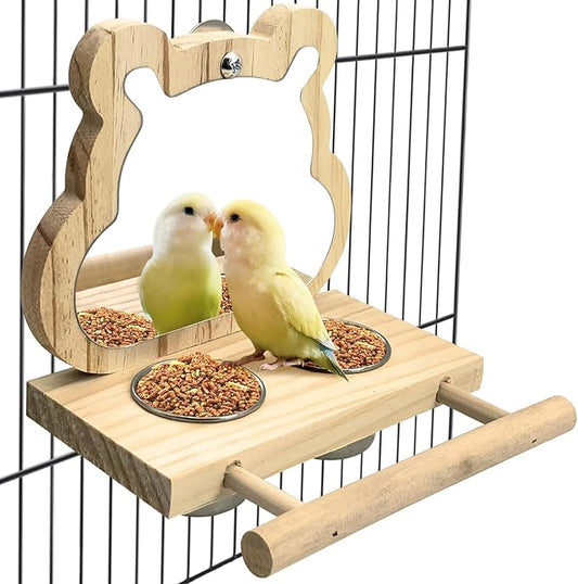 Tfwadmx Bird Parrot Wooden Feeding Cups with Wooden Platform Stainless Steel Birds Bowls Food Water Bowls with Bird Food Holder for Cockatiel Parakeet Macaw Finches Lovebirds