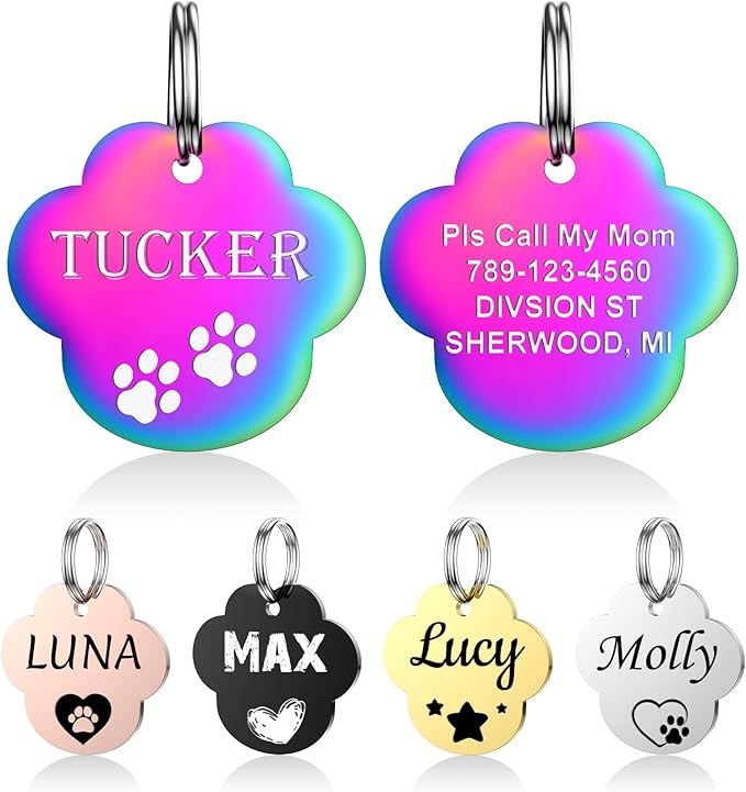 Dog Tags Engraved for Pets - YEHANTI Personalized Dog Tags with Lovely Icons, Durable Stainless Steel Pet ID Tags for Small Large Dogs Cats, Custom Dog Name Tags Engraved on Both Sides (Paw)