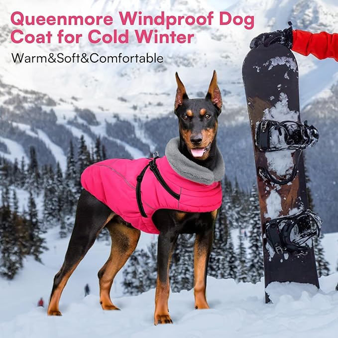 Queenmore Large Dog Jackets, Dog Coats for Extra Large Dogs with Harness Built in, Reflective Waterproof Dogs Jackets with Fleece Lining,Warm Snowsuit Pet Sweater for German Shepherd,Rose Red,XXXL