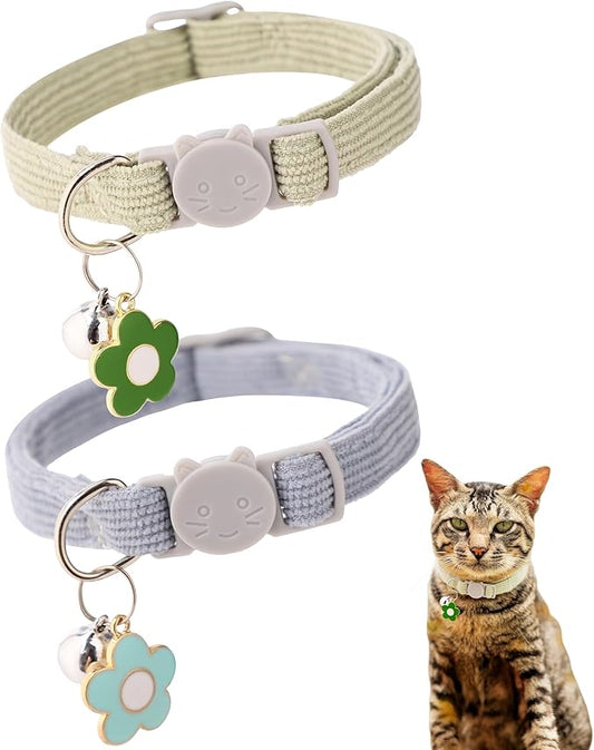 2 Pack Cat Collar with Bells, Corduroy Adjustable Kitten Collars with Breakaway Safety Buckle for Boy Girl Cats-Green Blue