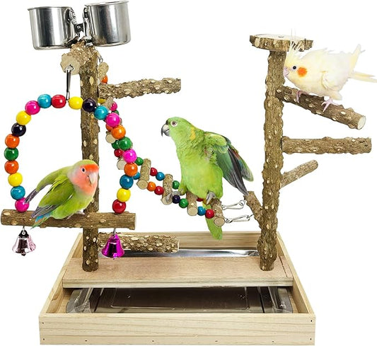 PINVNBY Bird Playground Natural Wood Parrot Perch Stand Bird Play Gym Colorful Climb Ladder Swing with Metal Tray and 2 Stainless Steel Cups Bird Cage Accessories for Conure Cockatiel Parakeet Lovebir