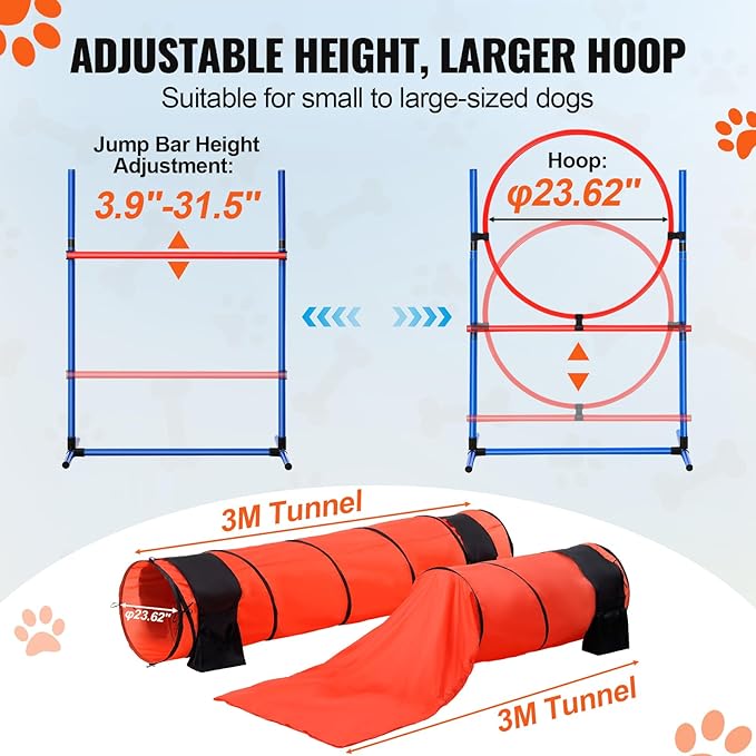 VEVOR Dog Agility Course Backyard Set, 13pcs Agility Training Equipment for Dogs, 2 Tunnels with Sandbags,Adjustable Hurdles,Weave Poles,Jump Ring,Pause Box, Puppy Obstacle Course Kit with Storage Bag