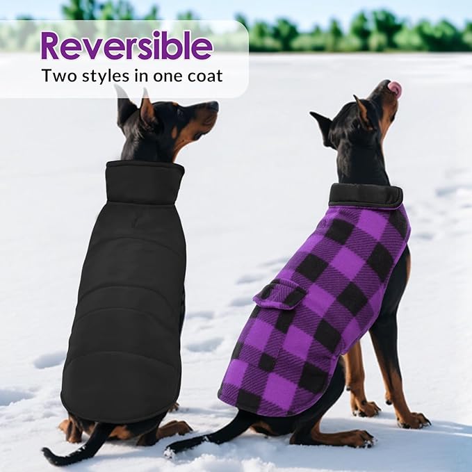 ASENKU Dog Jacket Plaid Reversible Reversible Dog Vest Waterproof Cold Winter Clothes Pet Apparel for Small Medium Large Dogs (S, Purple)