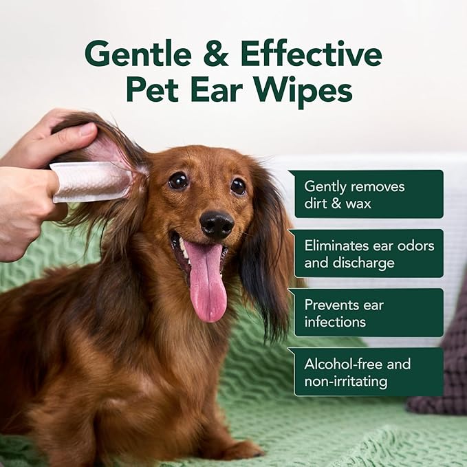 Pet Ear Wipes, Ear Cleaner Wipes for Dogs & Cats, Enzymes and Baking Soda - Fast Relief Ear Itching and Inflammation, Dog Ear Infection Treatment, Remove Dirt and Wax Build Up, 50 Count