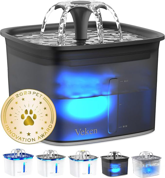 Veken Innovation Award Winner 95oz/2.8L Pet Fountain, Automatic Cat Water Fountain Dog Water Dispenser with Replacement Filters for Cats, Dogs, Multiple Pets (Space Black, Plastic)