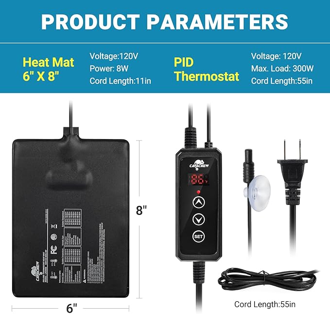 Reptile Heat Pad with Dimming Thermostat, 6" X 8" 8W Heating Pad Combo Set for 10-20 Gallon Reptile Tank, Under Tank Heater for Reptiles, Turtle, Snake, Lizard, Hermit Crab, Frogs, Seed