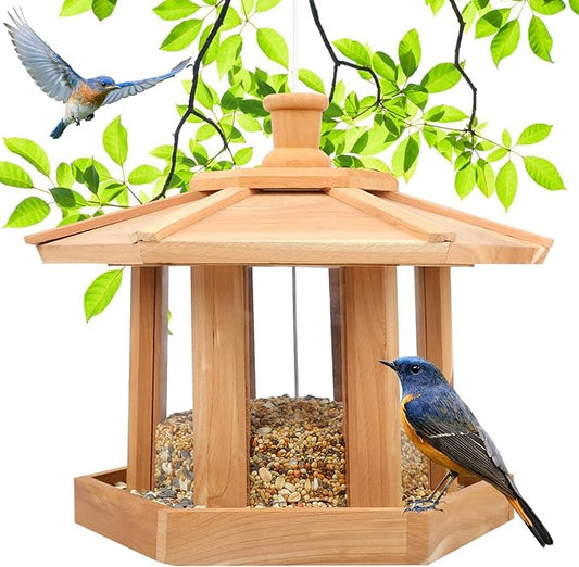 Wooden Bird Feeder for Outdoors Hanging, Red Cedar Hexagon Shaped Large Capacity, Cardinal Birdfeeder for Garden Decoration Yard, Weatherproof and Durable(Large)