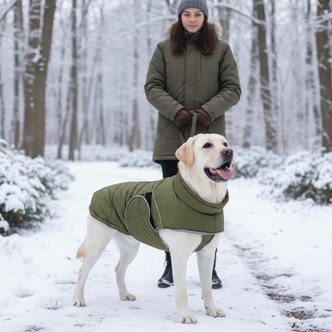 ASENKU Extra Warm Dog Coat with Fleece, Reflective Puffer Jacket, Adjustable with Zippered Leash Hole for Large Dogs, Winter Clothes (Green, XL)