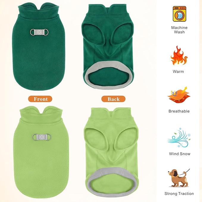 Idepet 2 Pack Dog Fleece Vest Sweater Warm Pullover Jacket with D-Ring Leash Reflective Winter Coat Hoodie for Small Medium Dogs Puppy Cat Pet Clothes (Dark Green&Grass Green, XX-Large)